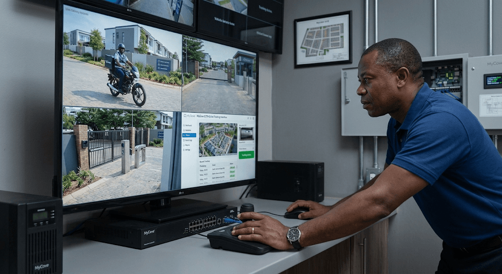A MyCove estate operations room with live camera feeds and gate-tracking dashboard